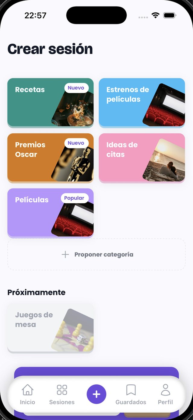 WhatNow Create session screen with its categories