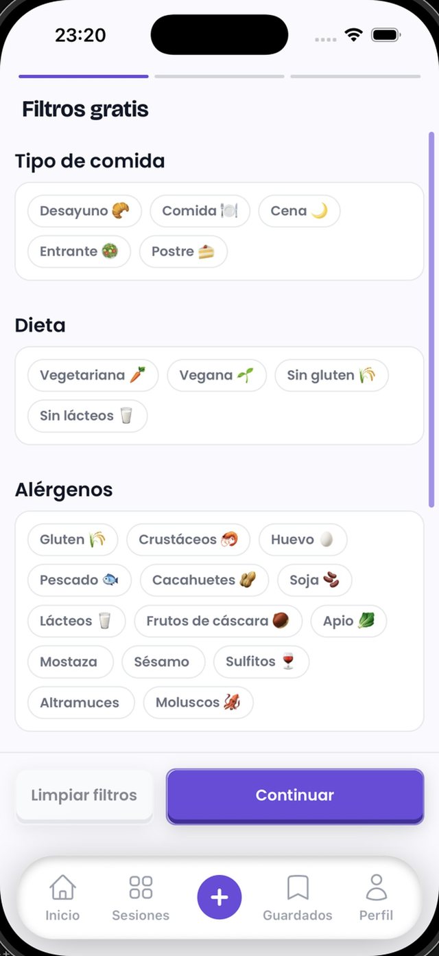 Recipe filters: meal type, diet and allergens